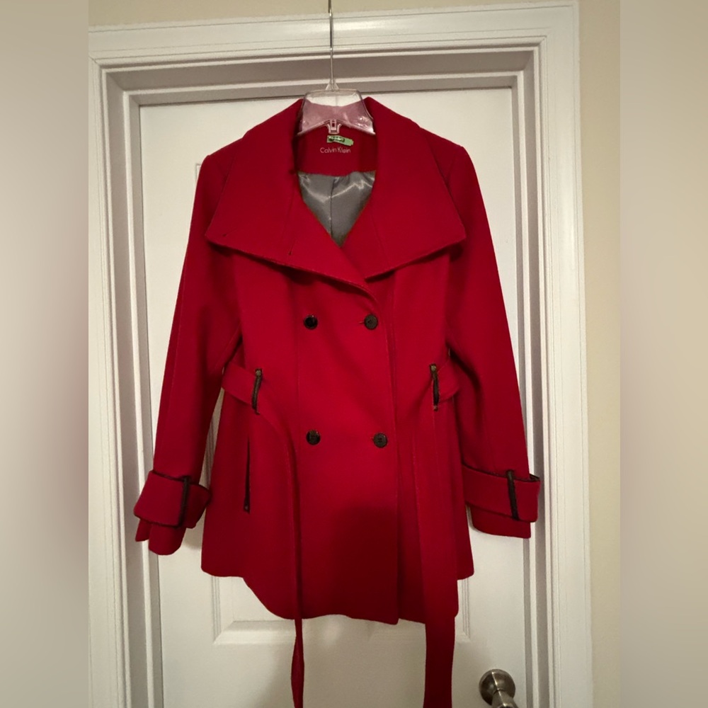 Calvin Klein Double-Breasted Red Peacoat